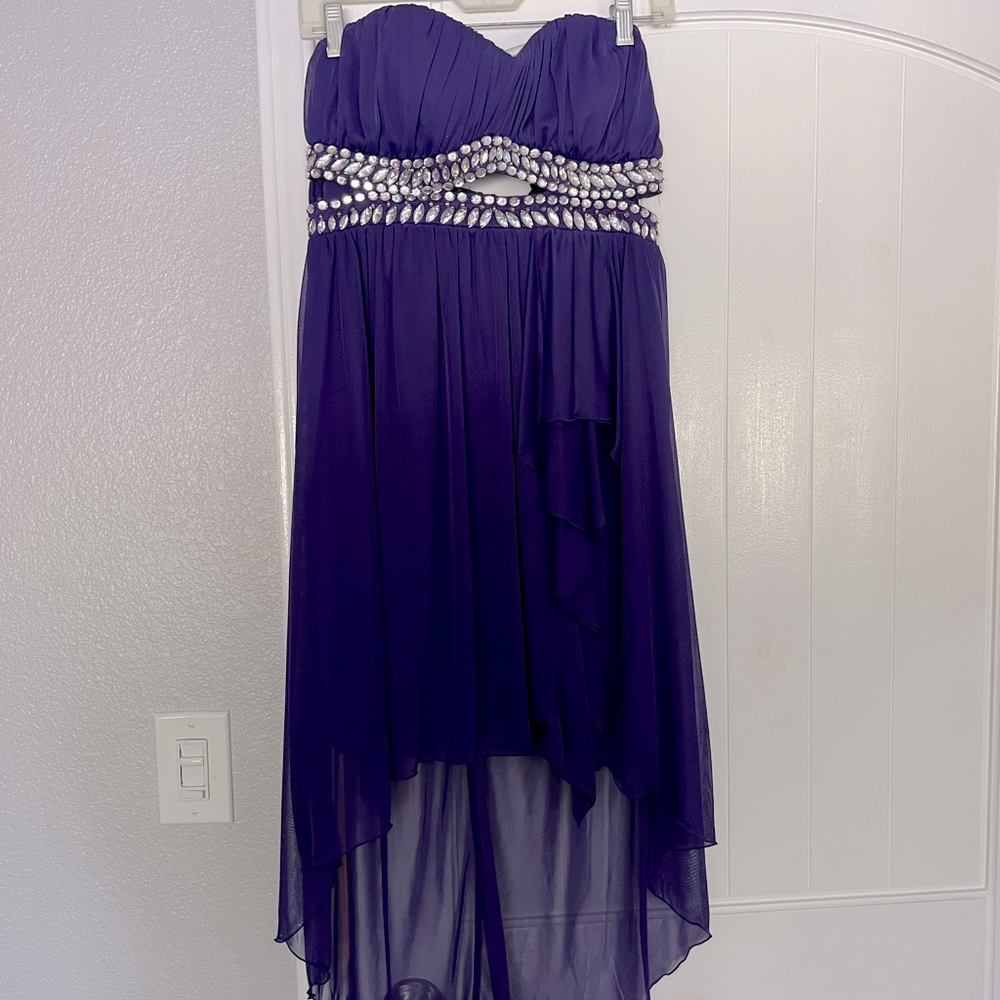 Purple high low strapless dress
